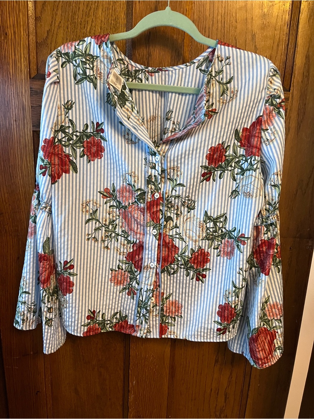 Cupio Floral Stripe Button Down Blouse Bell Sleeve Size S